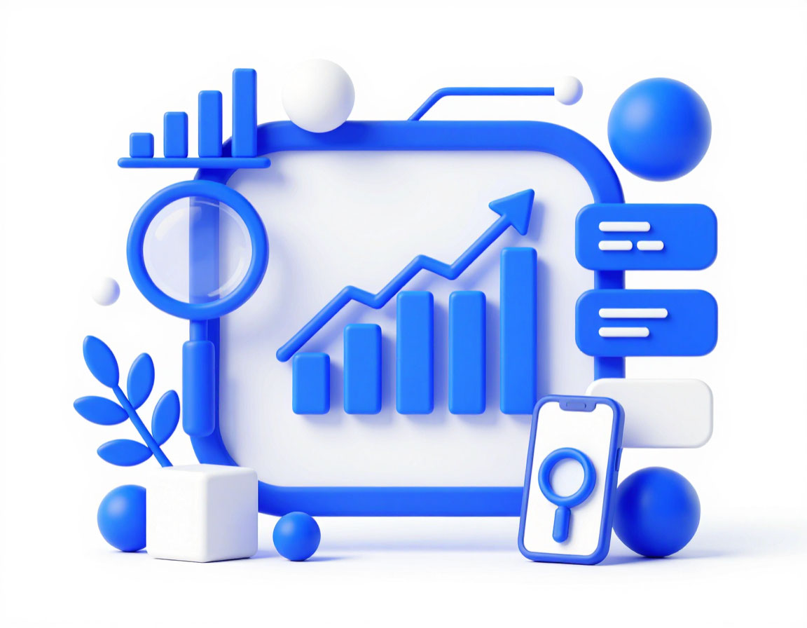 Business metrics display: chart, magnifying glass, mobile search icon