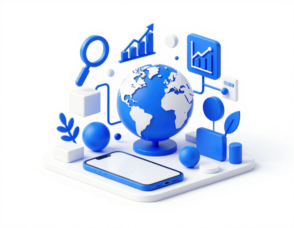 SEO mastery at scale: 3D globe surrounded by analytics tools — charts, magnifying glass, mobile — for enterprise-level optimization
