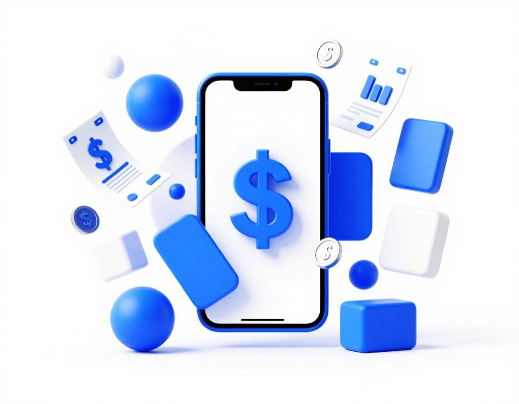 Integrated ad campaign concept: mobile phone with dollar symbol, flanked by analytics charts and currency icons